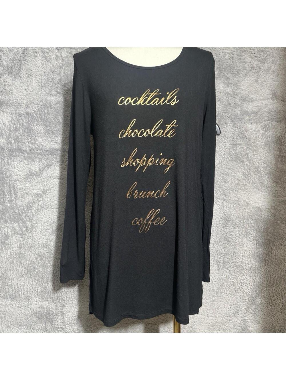 Apt 9 Graphic Tunic Women Large Black Gold Cocktails Brunch Coffee Long Sleeve